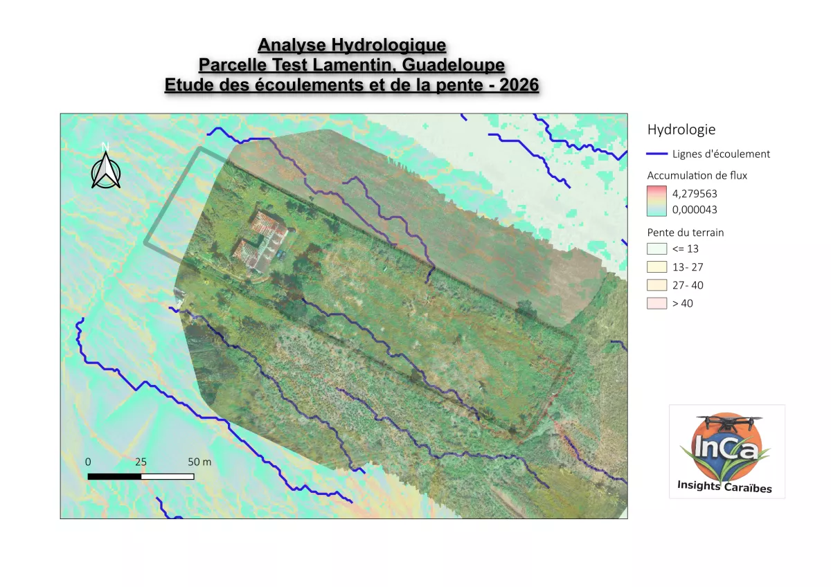 Analyse de parcelle : pentes & écoulements Analyse SIG sous QGIS sur orthophoto drone montrant pentes et écoulements pour étude d’implantation et ruissellement.